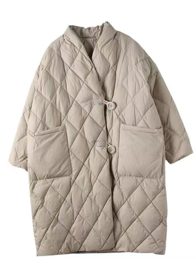 Apricot V Neck Pockets Fine Cotton Filled Puffers Jackets Winter