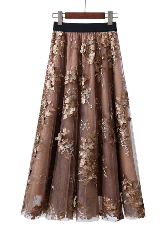 Unique Chocolate Embroideried High Waist Tulle Skirt Summer