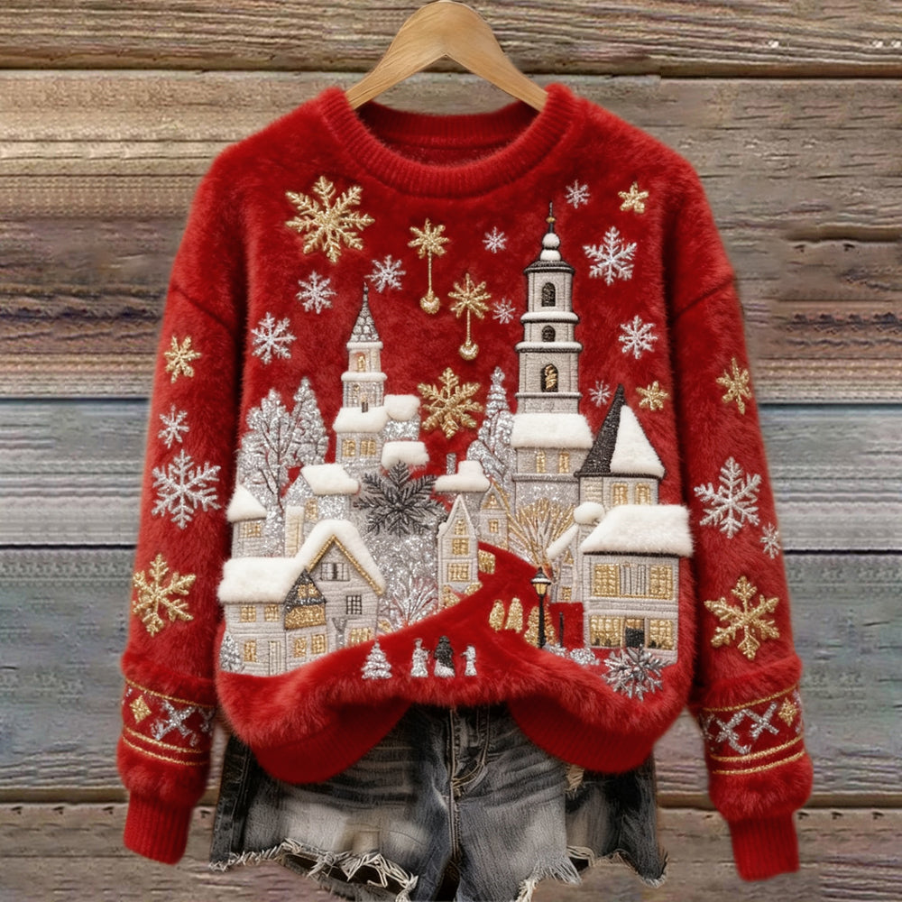 Comstylish Christmas Snow Scene Embroidery Women's Cozy Plush Sweater