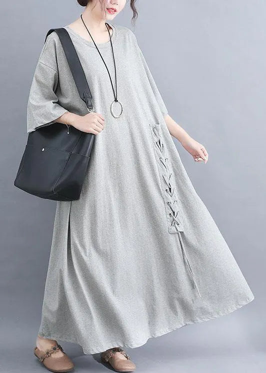Style O Neck Cotton Clothes Outfits Gray Half Sleeve Dresses Summer
