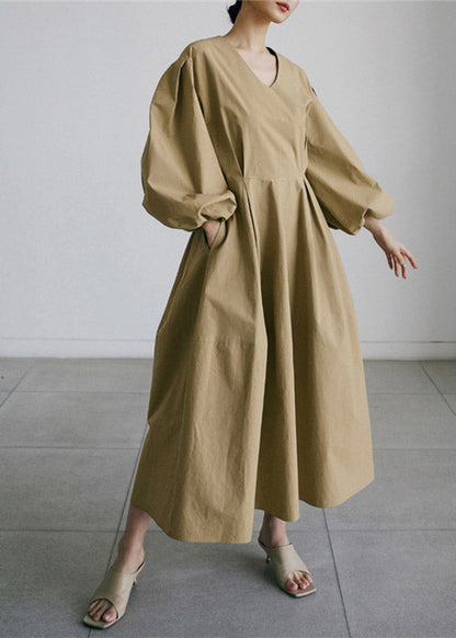 Khaki V Neck Patchwork Zippered Cotton Vacation Dresses Long Sleeve