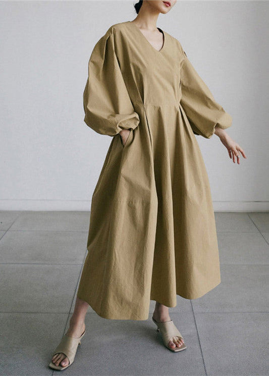 Khaki V Neck Patchwork Zippered Cotton Vacation Dresses Long Sleeve