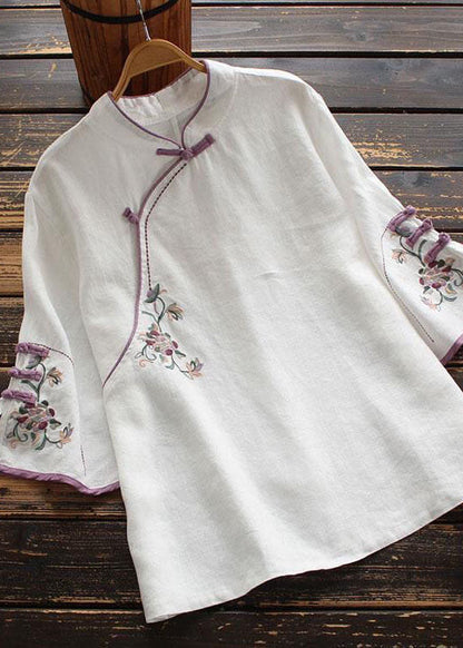 White Embroidered Button Blouse Tops Half Sleeve