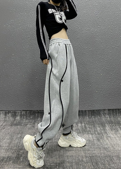 Grey Asymmetrical Pockets Elastic Waist Cotton Sport Pants Fall