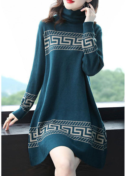 Blue Turtle Neck Thick Print Long Sweater Long Sleeve