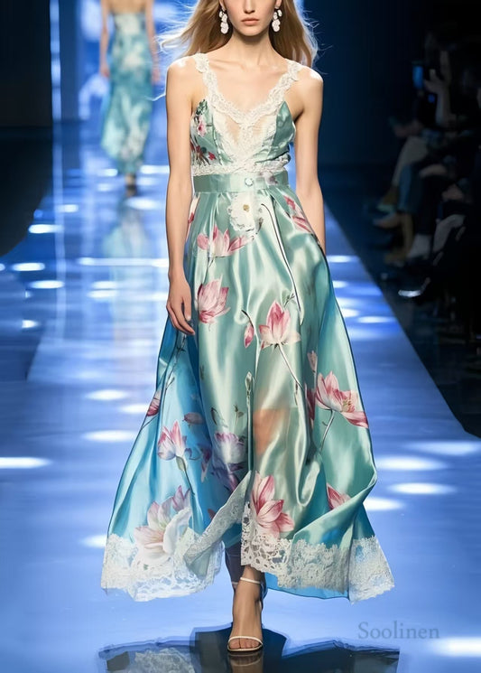 Lake Green Print Exra Large Hem Silk Party Sundress