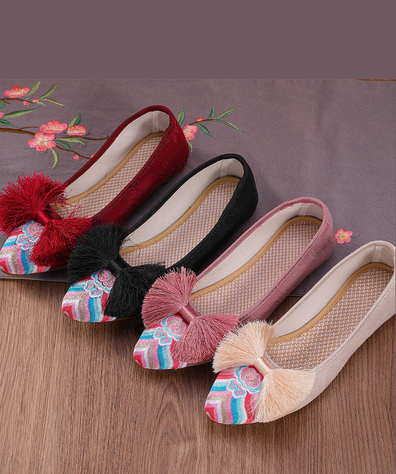 Retro Pink Embroideried Tassel Cotton Fabric Flat Shoes for