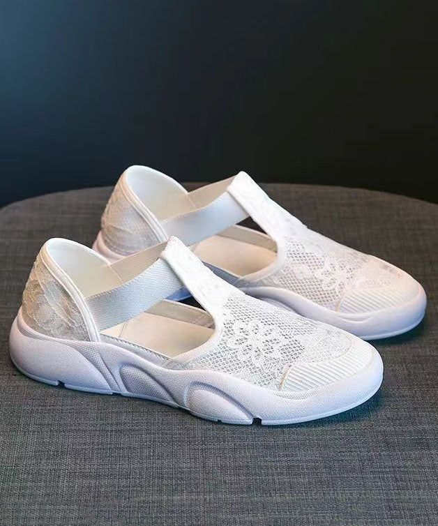 White Flat Sandals Splicing Hollow Out Breathable Lace