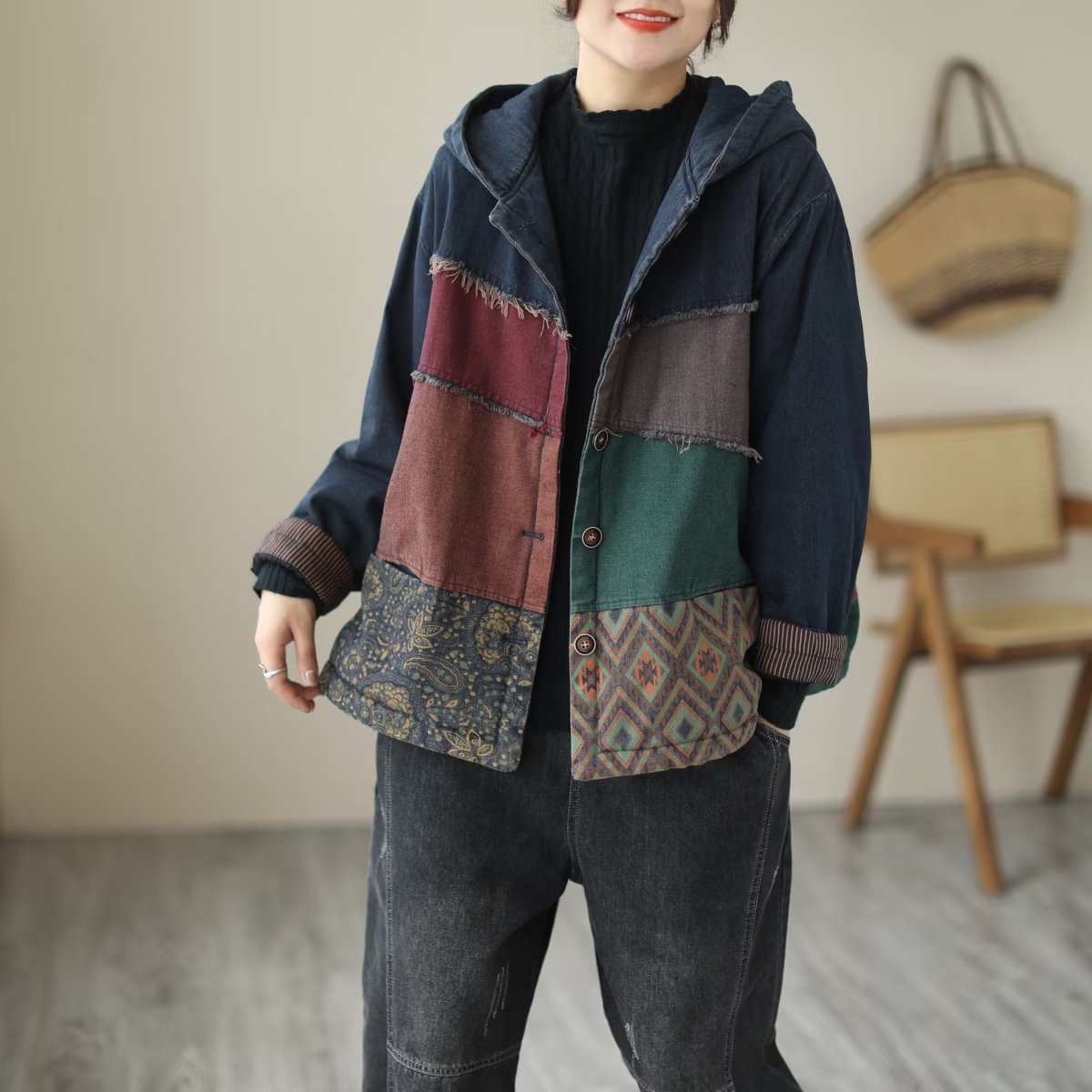 Padded Thick Loose Colorblock Denim Jacket
