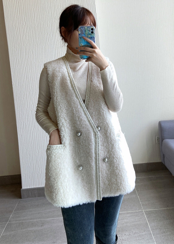 Beige V Neck Pockets Button Wool Vest Sleeveless