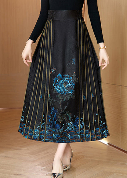 Blue Print Wrinkled High Waist Silk Skirt Spring