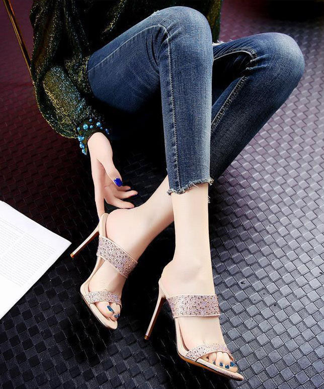 Apricot Zircon Stiletto Peep Toe High Heel Slippers