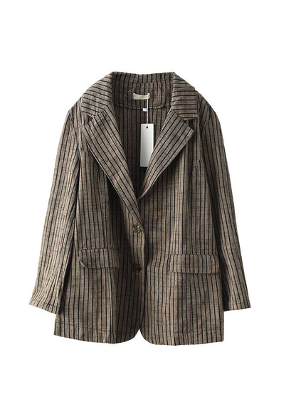 Light Button Pockets V Neck Striped Coats Long Sleeve