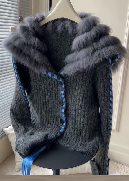 Dark Gray Fur Collar Button Cozy Knit Coat Fall