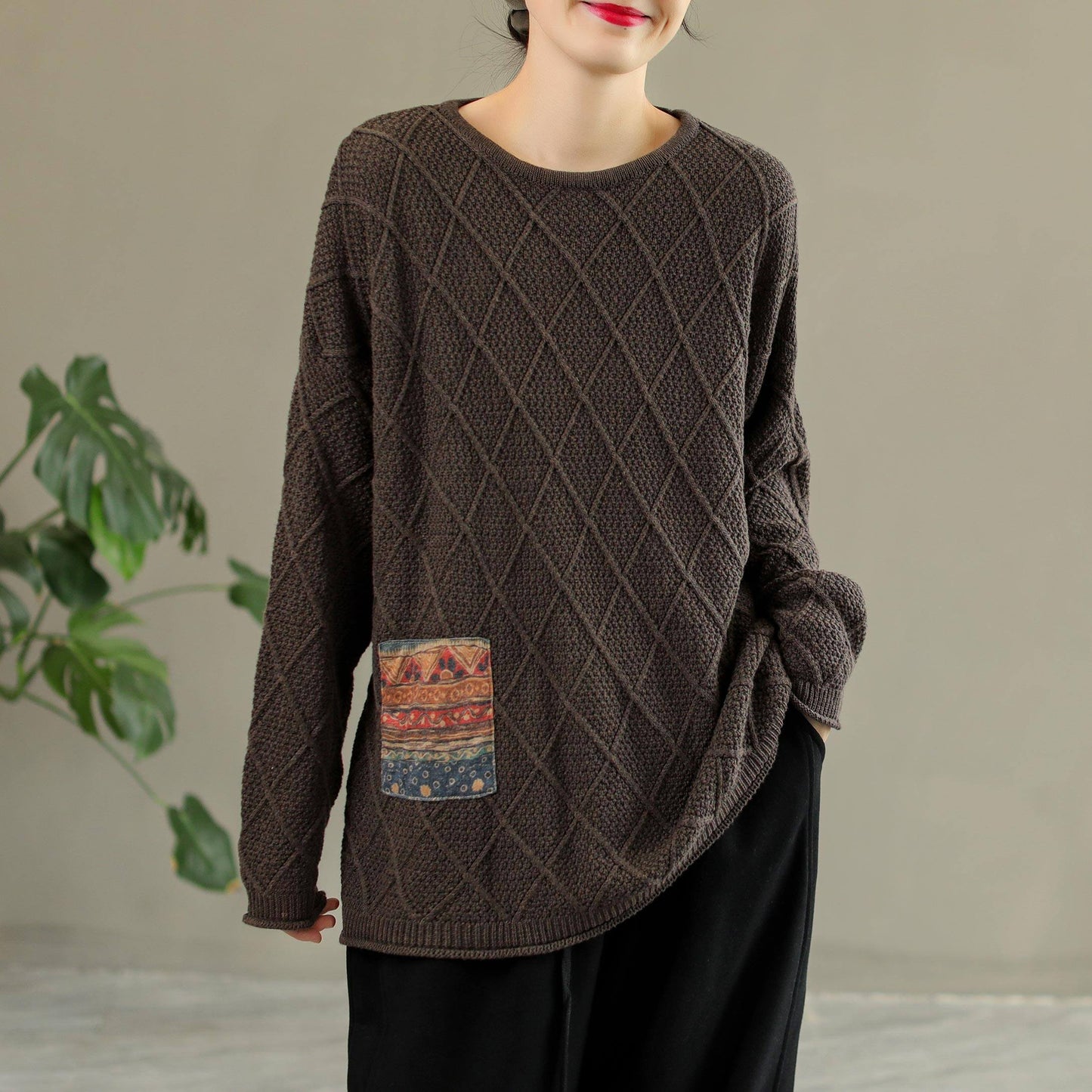 Retro Rhombus Patchwork Cotton Loose Sweater