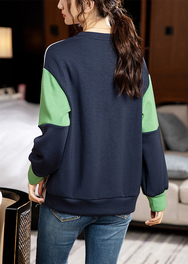 Grey O-neck Embroideried Patchwork Cotton Sweatshirt Long Sleeve