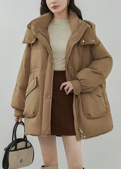 Khaki Hooded Zip Up Pockets Duck Down Coats Winter