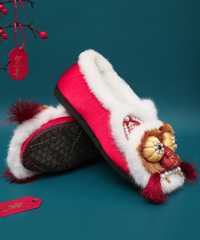 Red Fuzzy Wool Lined Tassel Nail Bead Splicing Flat Feet Shoes