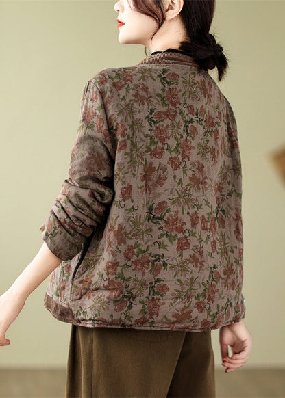 V Neck Print Button Fine Cotton Filled Jackets Spring