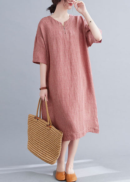 Red Pockets Plaid Cotton Vacation Dresses Short Sleeve