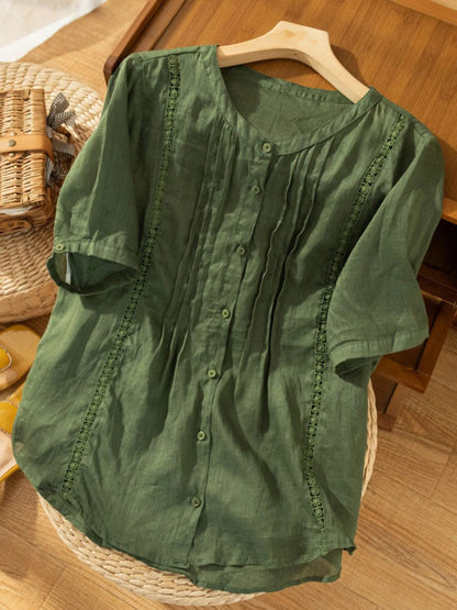 Pure Color Round Neck Short Sleeve Linen Top