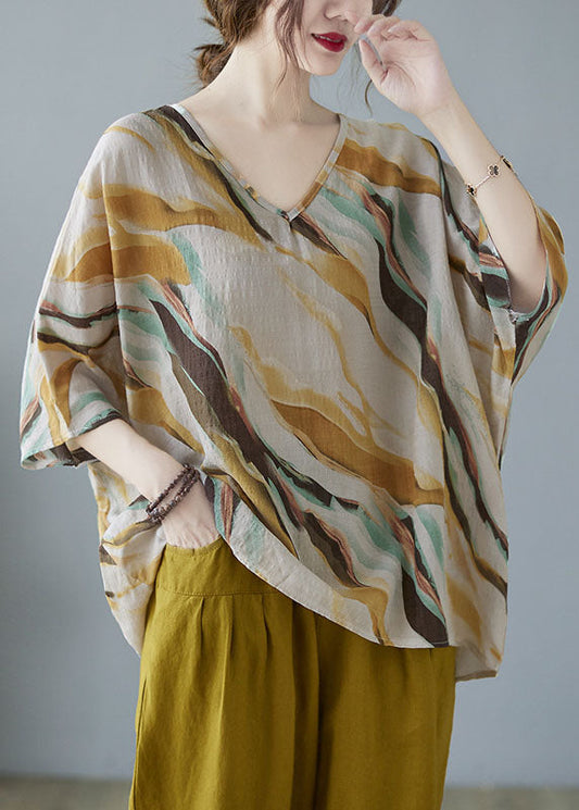 Yellow V Neck Print Fall Striped Shirt Tops Half Sleeve
