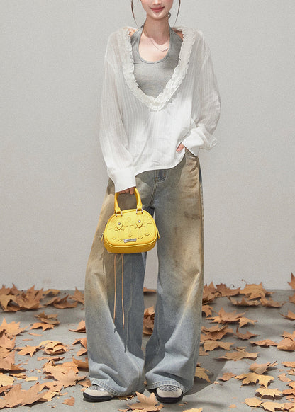 White Deep V-neck Ruffled Cotton Shirt Fall