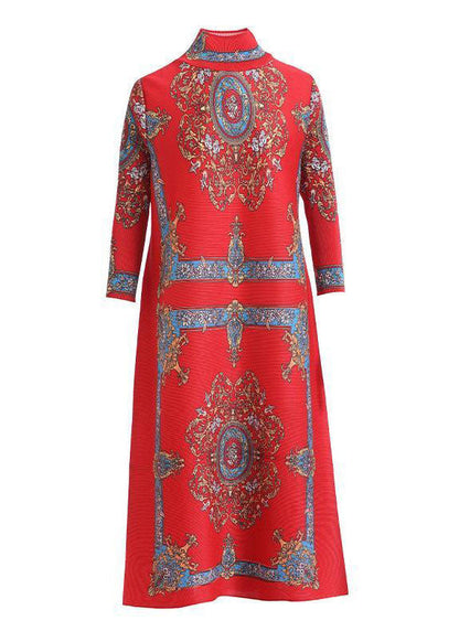 Red Stand Collar Wrinkled Print Silk Long Dresses Vestidos Bracelet Sleeve