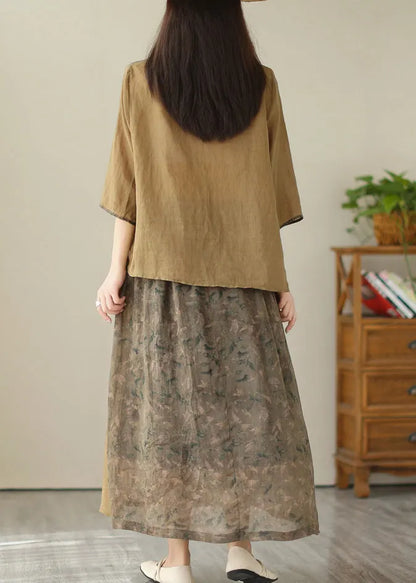 Khaki Print Linen Top and a Line Skirts Two Pieces Set Summer