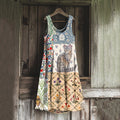 Vintage Patchwork Cute Cat And Floral Art Linen Tank Dress elevenforest