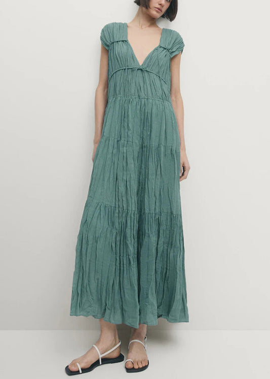 Blue V Neck Wrinkled Lace Up Cotton Long Dresses Summer