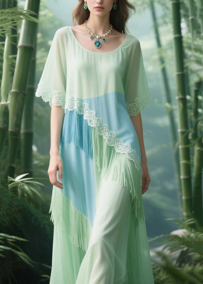 Light Green Tasseled Patchwork Lace Tulle Long Dresses Summer