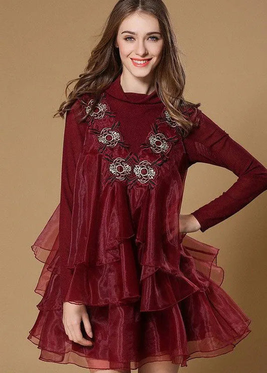 Boutique Black Turtle Neck Embroideried Ruffles Patchwork Organza Mini Dress Spring