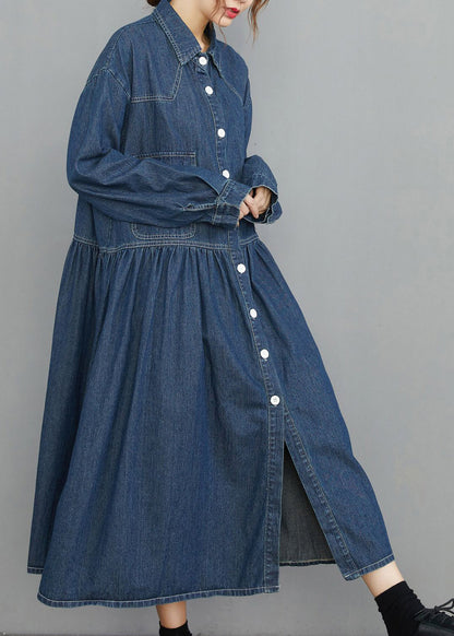 Navy Peter Pan Collar Button Pockets Wrinkled Denim Dress