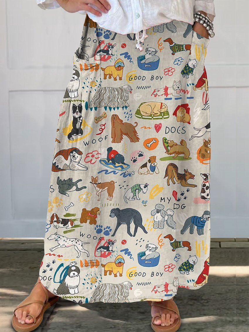 Women's Cute Dog Art Art Print Linen Pocket Skirt