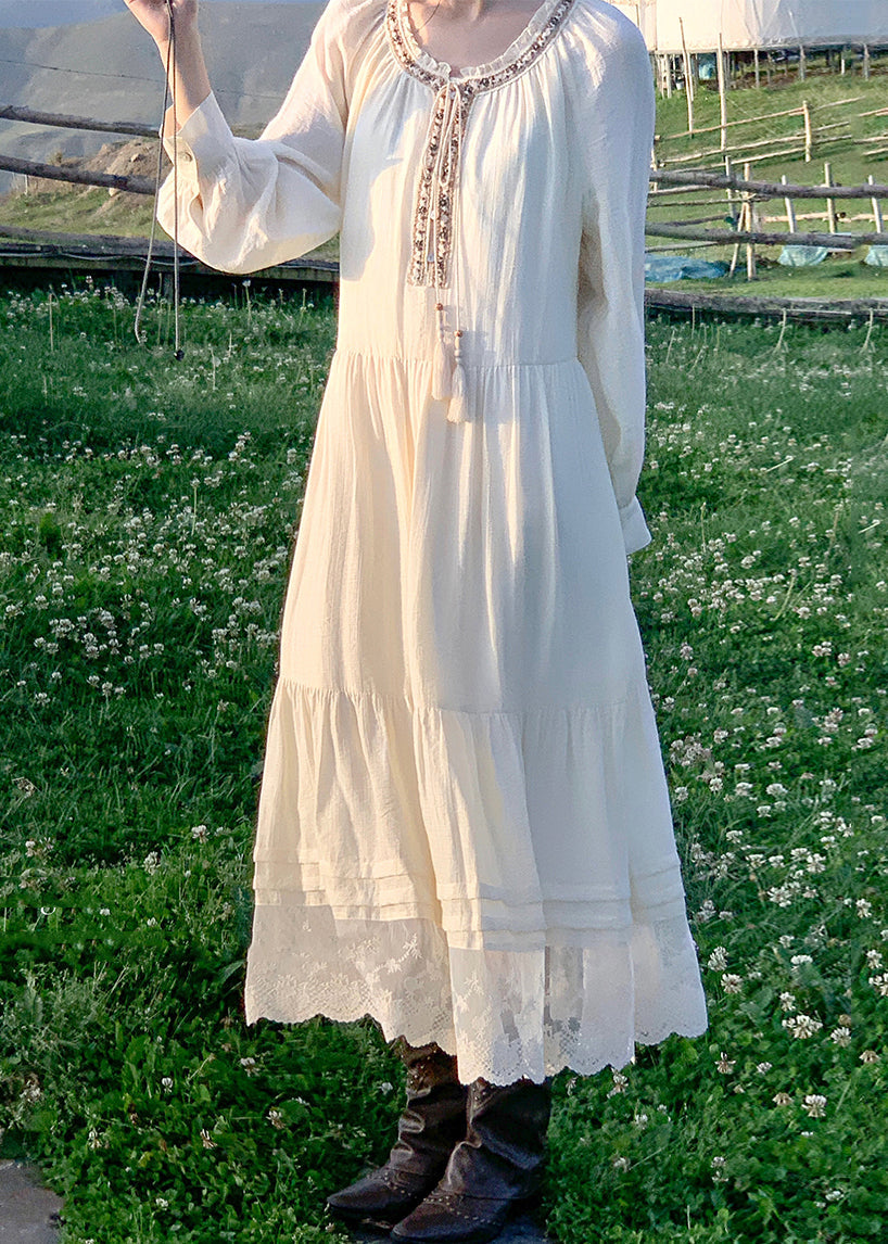 Beige Lace Patchwork Cotton Long Dress Spring