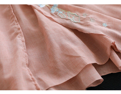 Double Cotton Linen Embroidered Buckle A-line Skirt