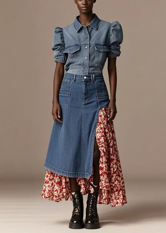 Blue Asymmetrical Patchwork Print Denim Skirt Spring