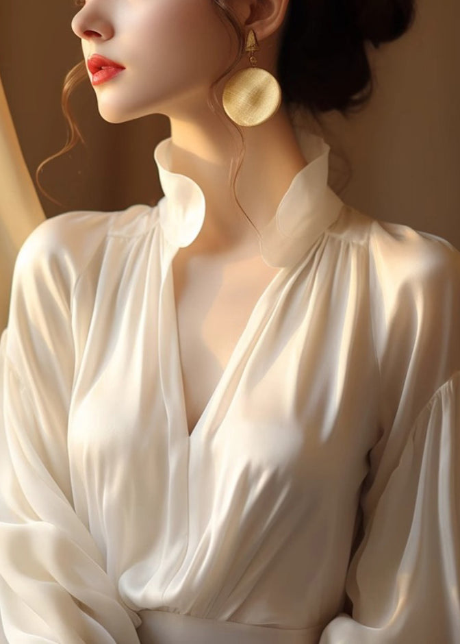 New Beige V Neck Spandex Top Long Sleeve