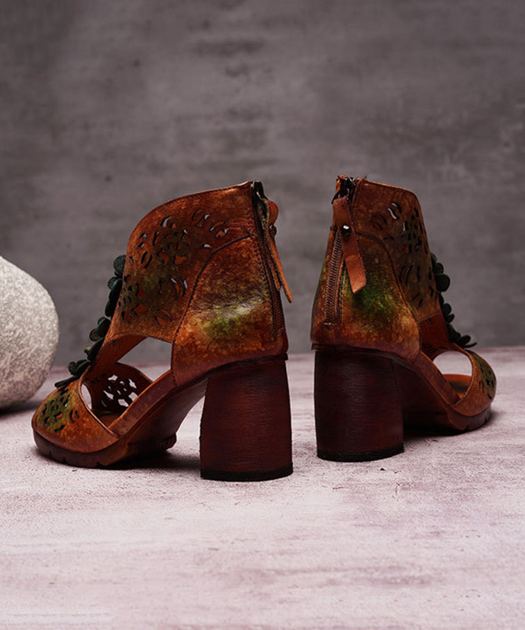 Green Chunky Cowhide Leather Peep Toe Hollow Out Sandals