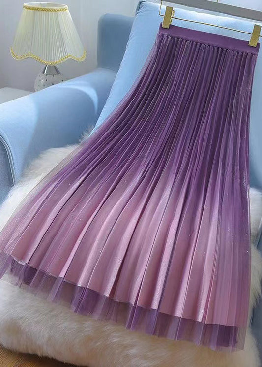 Purple Gradient Wrinkled High Waist Tulle Skirt Spring