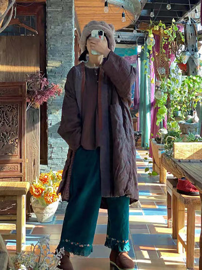 Linen Retro Print Pocket Long Sleeve Coat