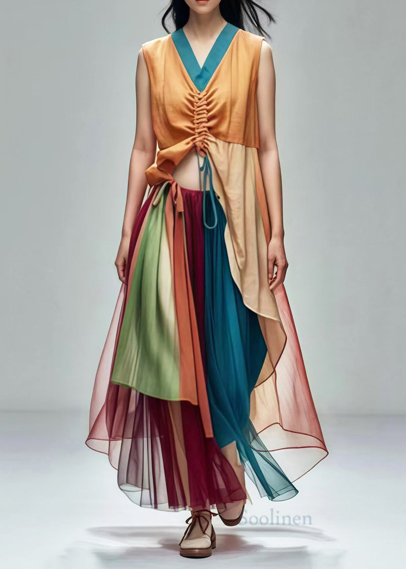 Unique Khaki Cinched Patchwork Cotton Tops and Tulle Skirts Two-piece Set Summer