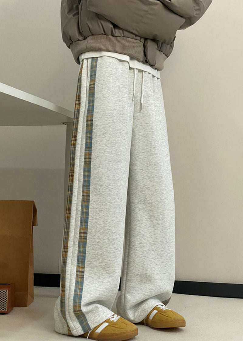 New Grey Striped Pockets Warm Fleece Wide Leg Pants Spring