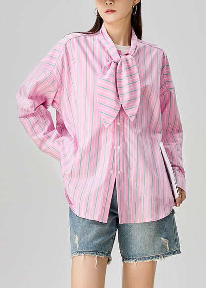 Pink Bow Striped Button Cotton Blouse Fall