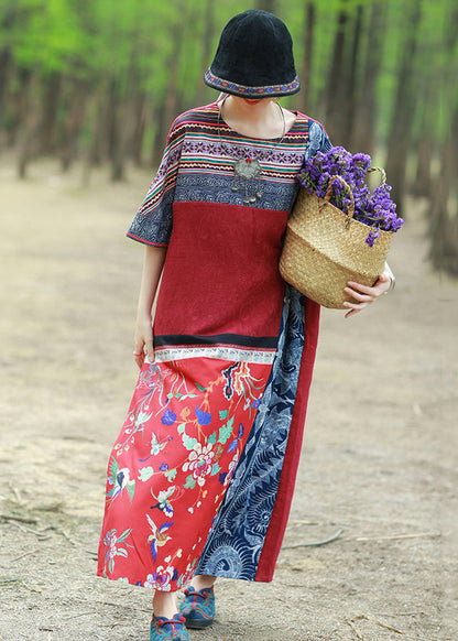 Loose Red Print Pockets Patchwork Cotton Maxi Dresses Half Sleeve