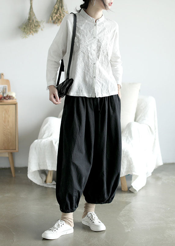 White Stand Collar Button Embroideried Shirt Top Long Sleeve