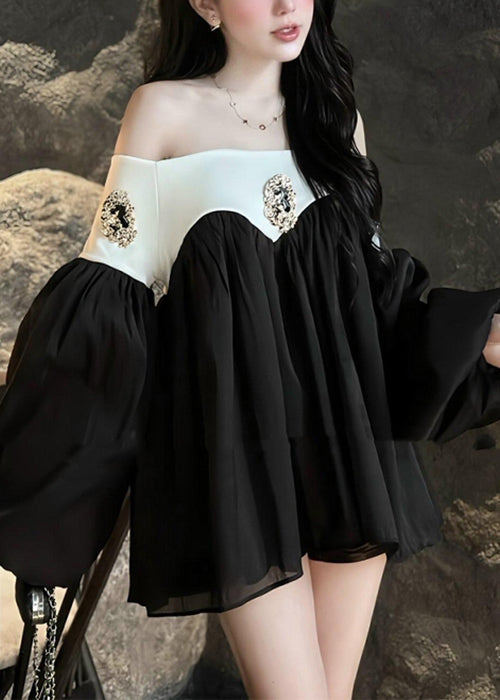 Black Slash Neck Patchwork Chiffon Mid Dress Lantern Sleeve