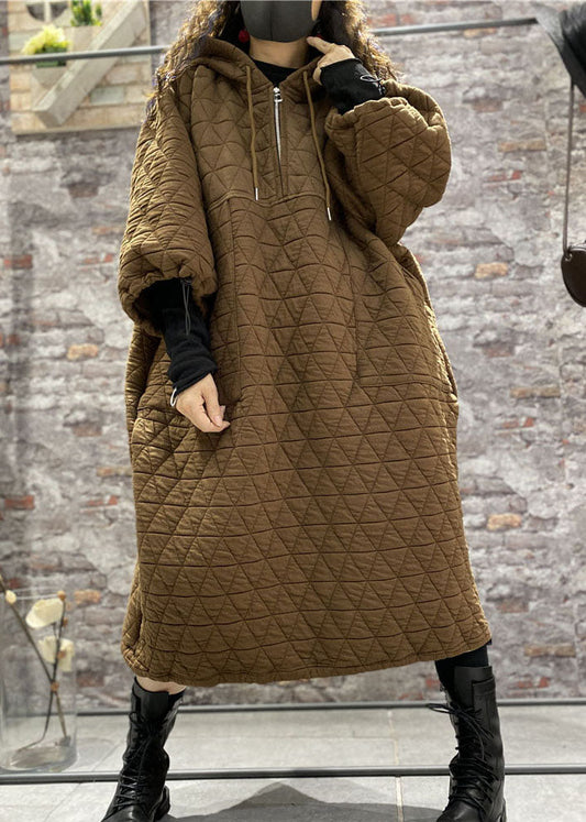 Classy Coffee Hooded Drawstring Fine Cotton Filled Dress Winter