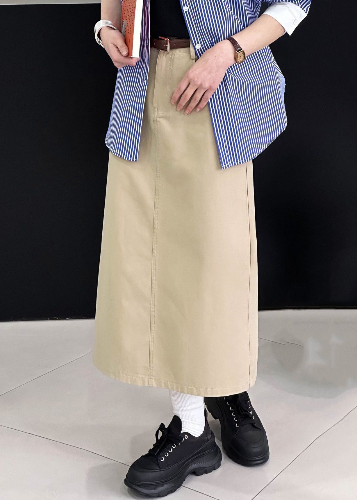 Khaki Side Open Cotton Skirt High Waist